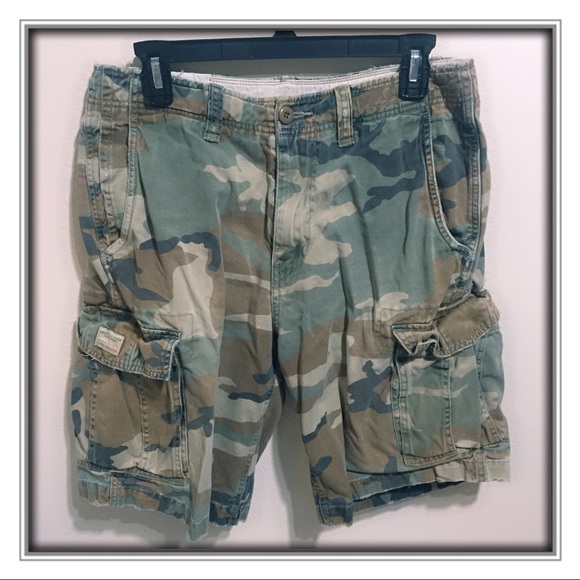 mens distressed camo shorts